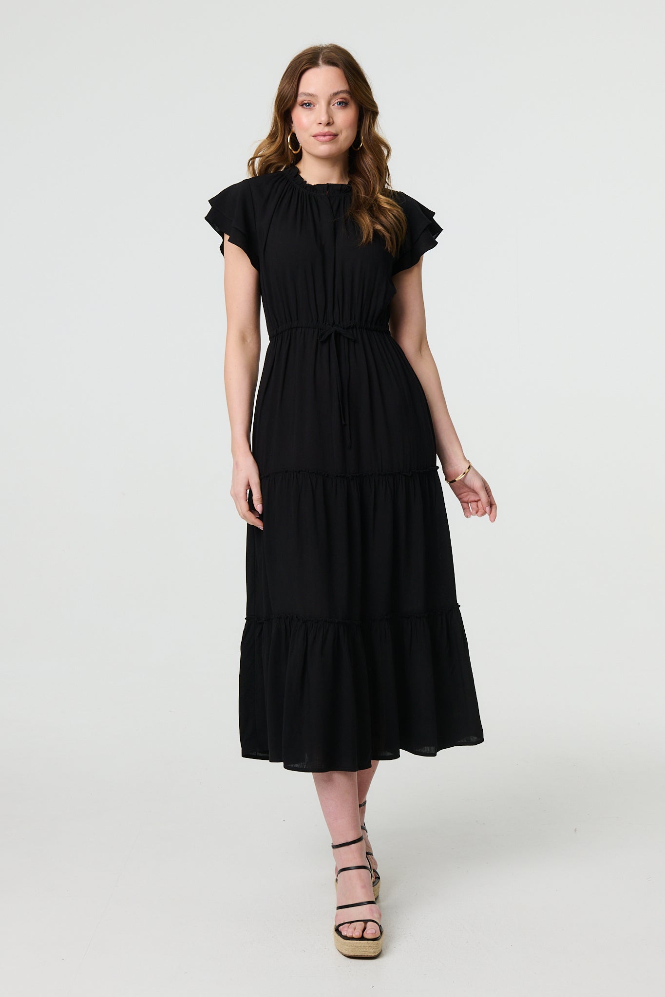 Ruched Tiered Cap Sleeve Midi Dress Front View
