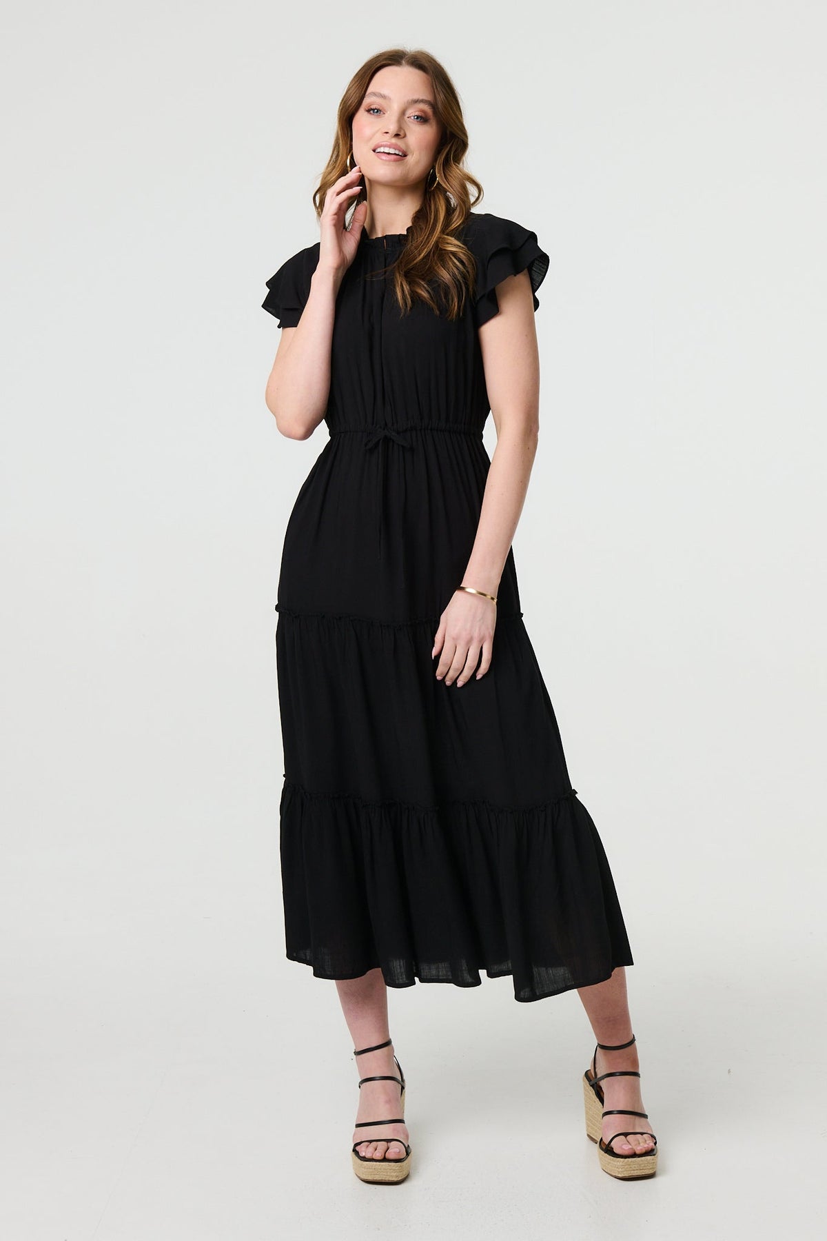 Ruched Tiered Cap Sleeve Midi Dress Detail View
