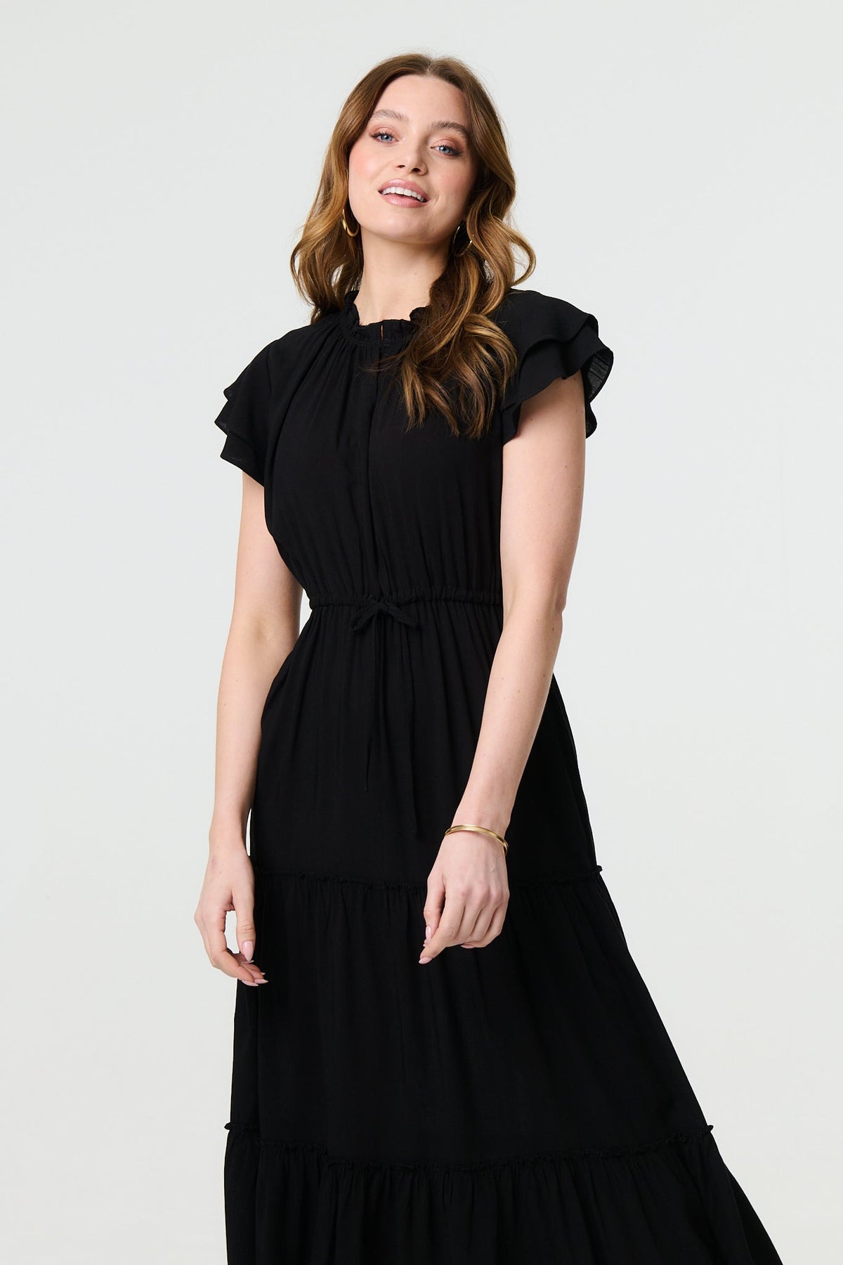 Ruched Tiered Cap Sleeve Midi Dress Styled View