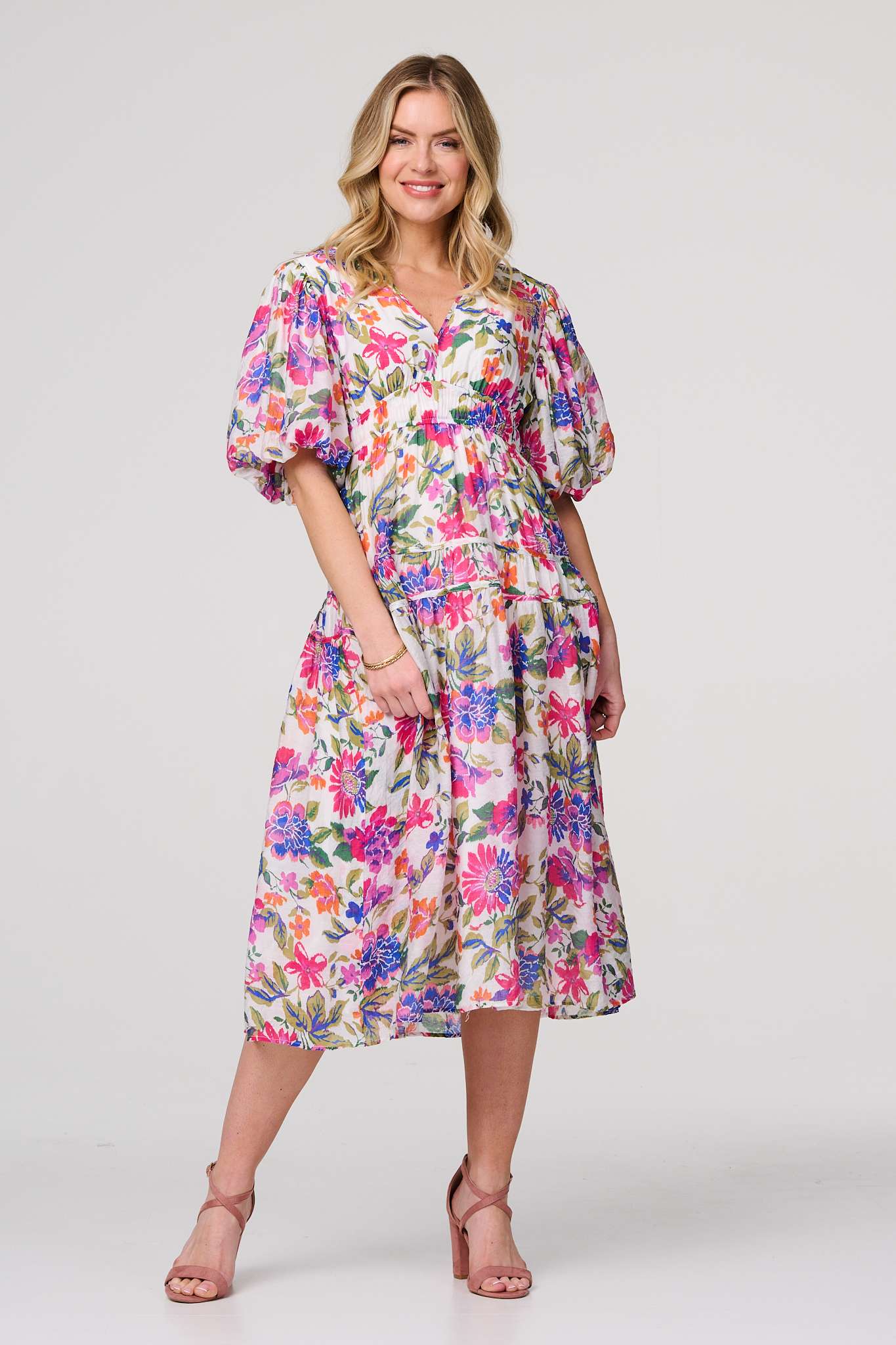 Floral 1/2 Puff Sleeve Midi Dress Back View 2