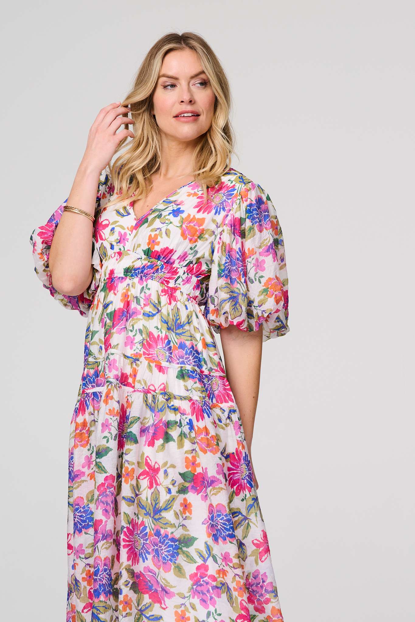 Floral 1/2 Puff Sleeve Midi Dress Side View