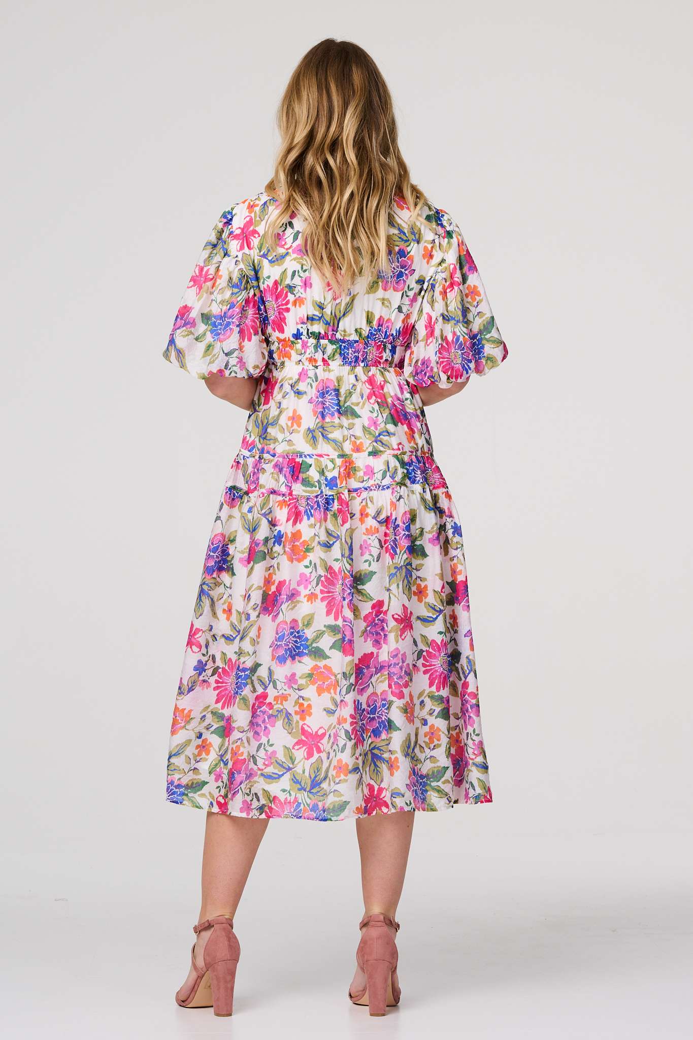 Floral 1/2 Puff Sleeve Midi Dress Detail View