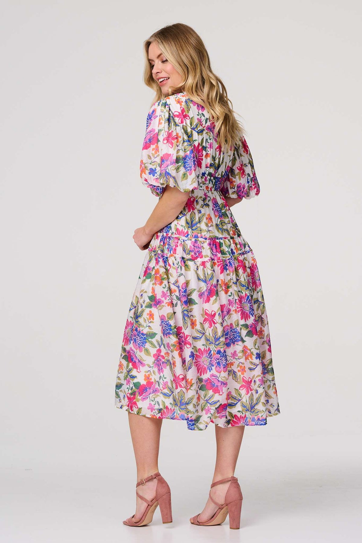 Floral 1/2 Puff Sleeve Midi Dress Detail View 2