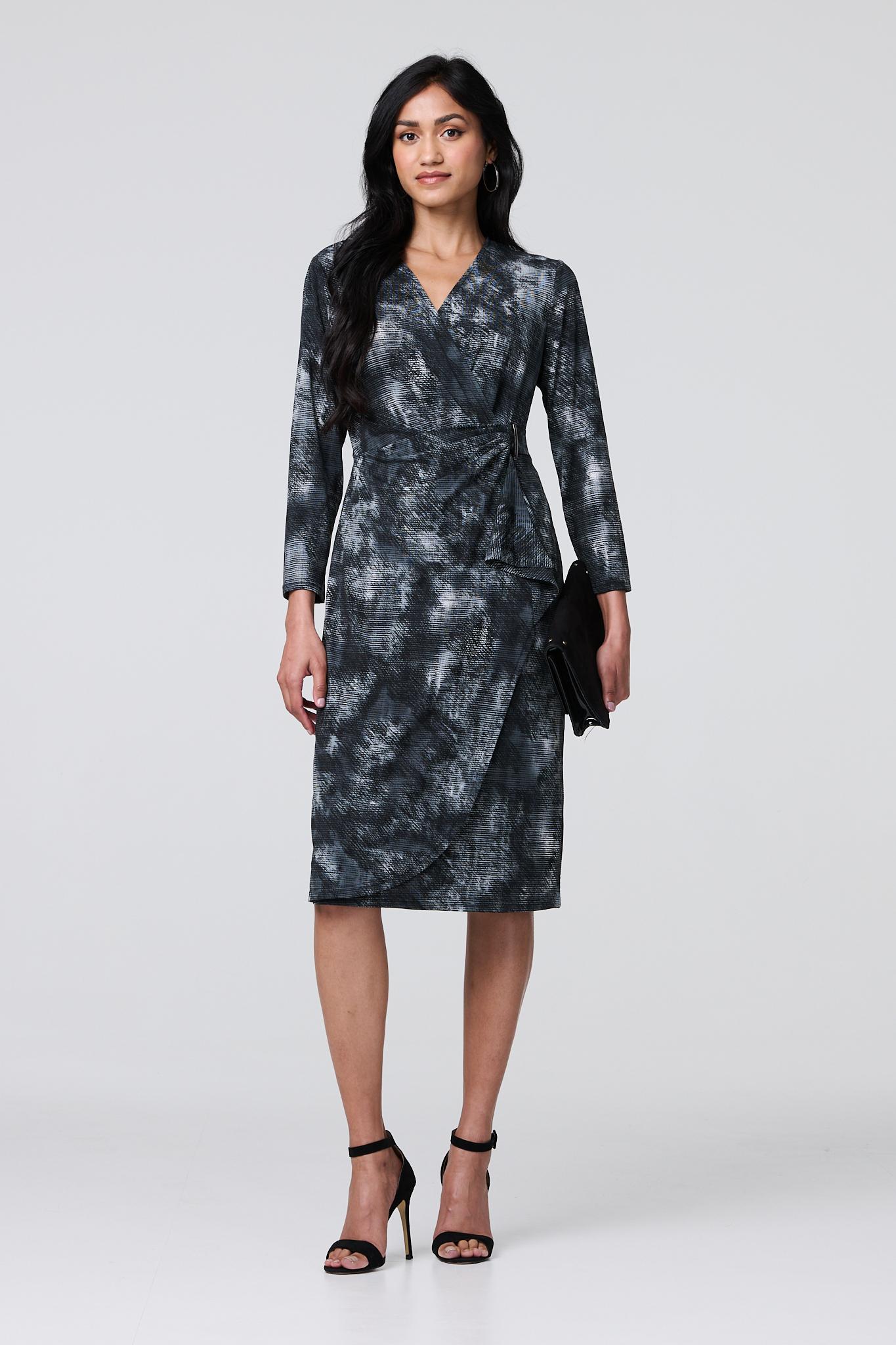 Printed Ruched Belt Detail Midi Dress Front View