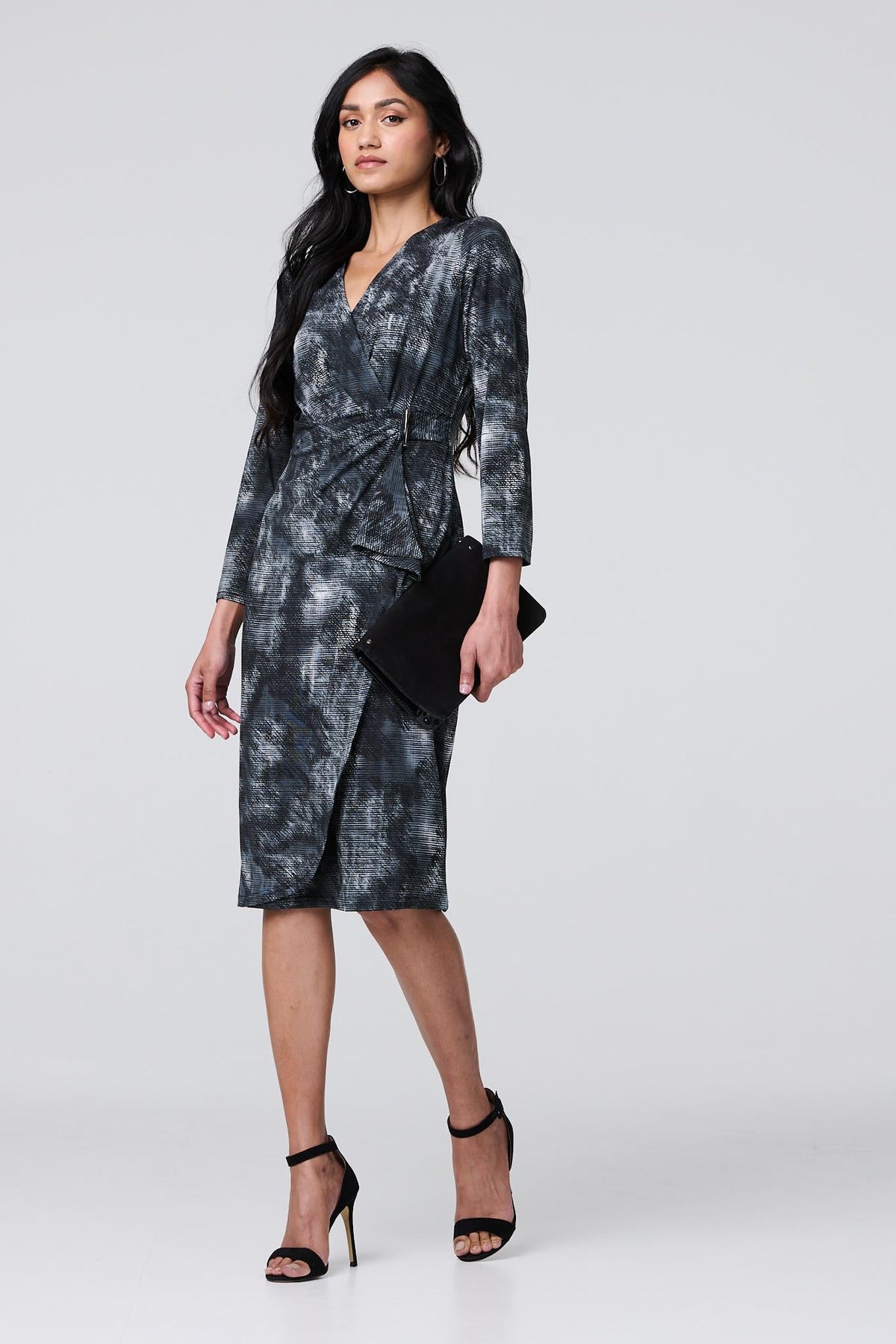 Printed Ruched Belt Detail Midi Dress Styled View