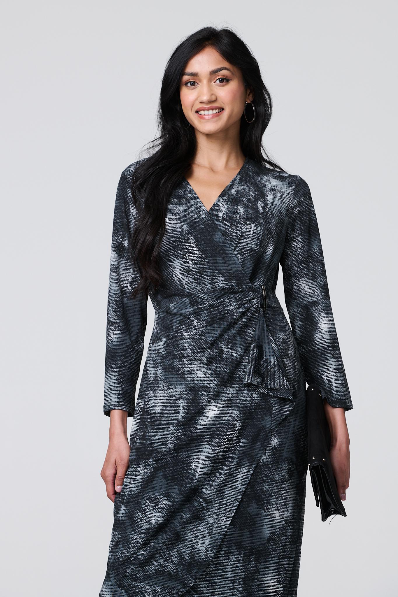 Printed Ruched Belt Detail Midi Dress Back View