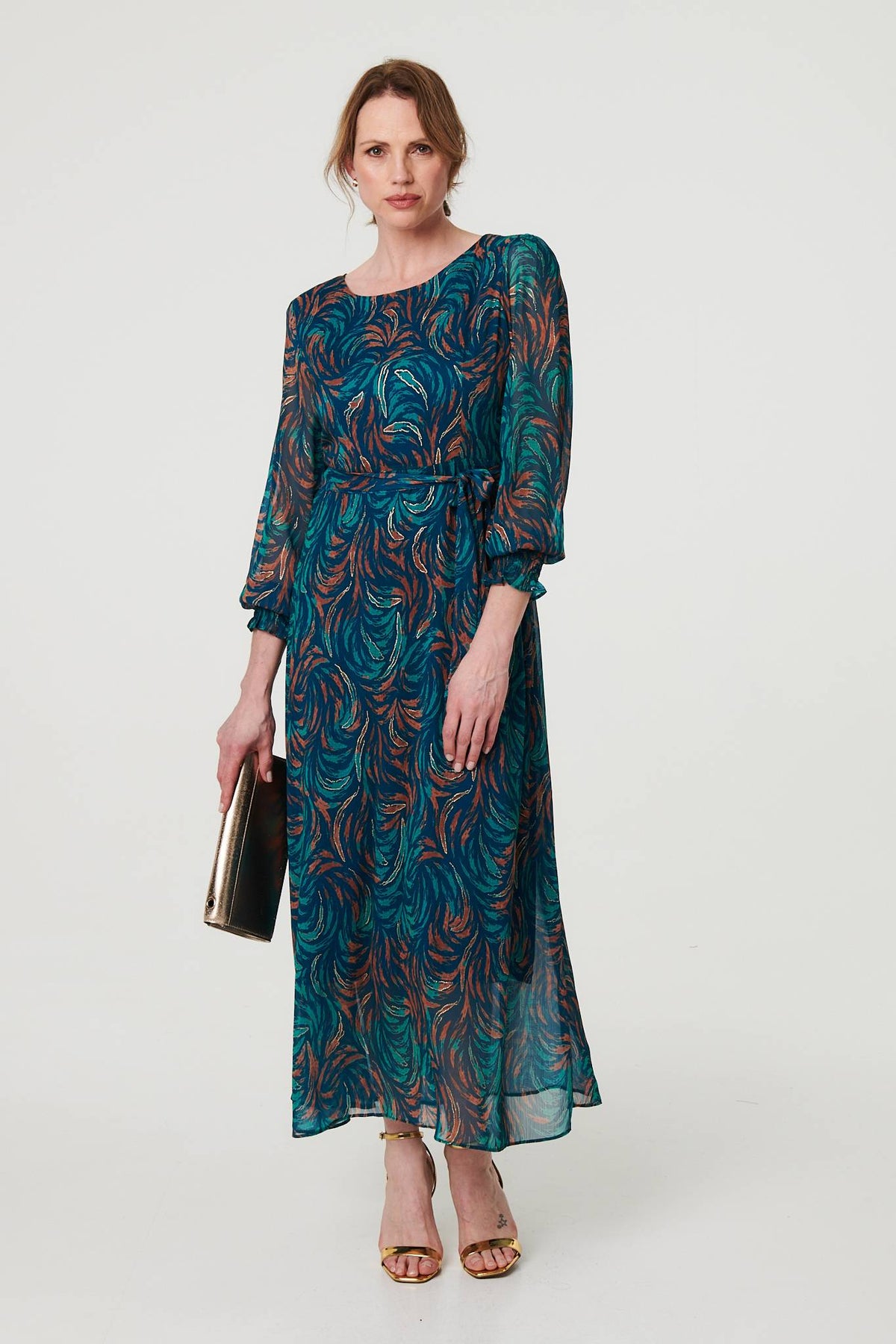 Abstract Long Sheer Sleeve Maxi Dress Front View