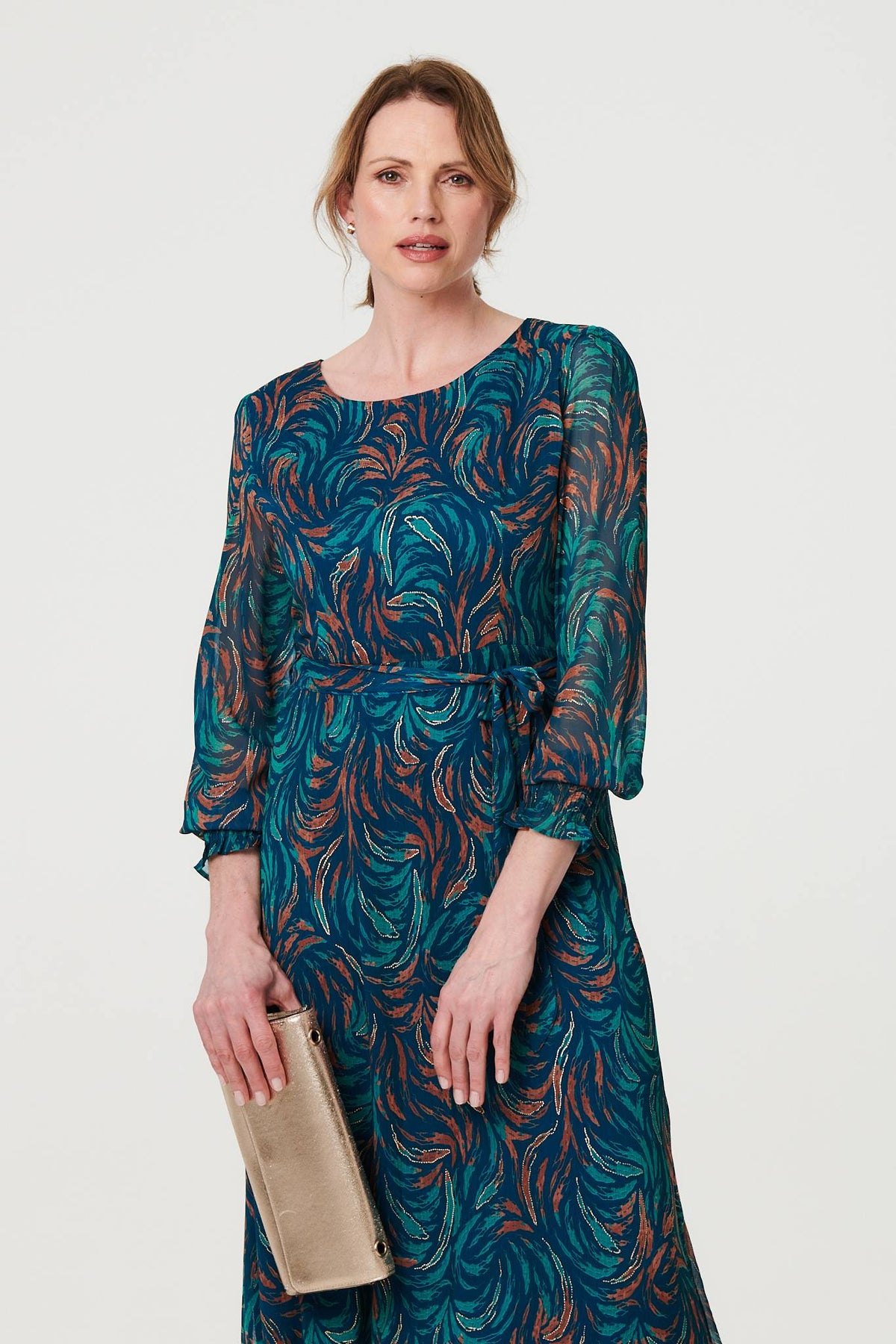 Abstract Long Sheer Sleeve Maxi Dress Front View 2