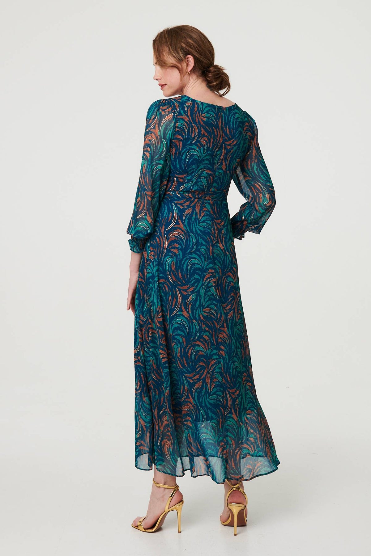 Abstract Long Sheer Sleeve Maxi Dress Back View
