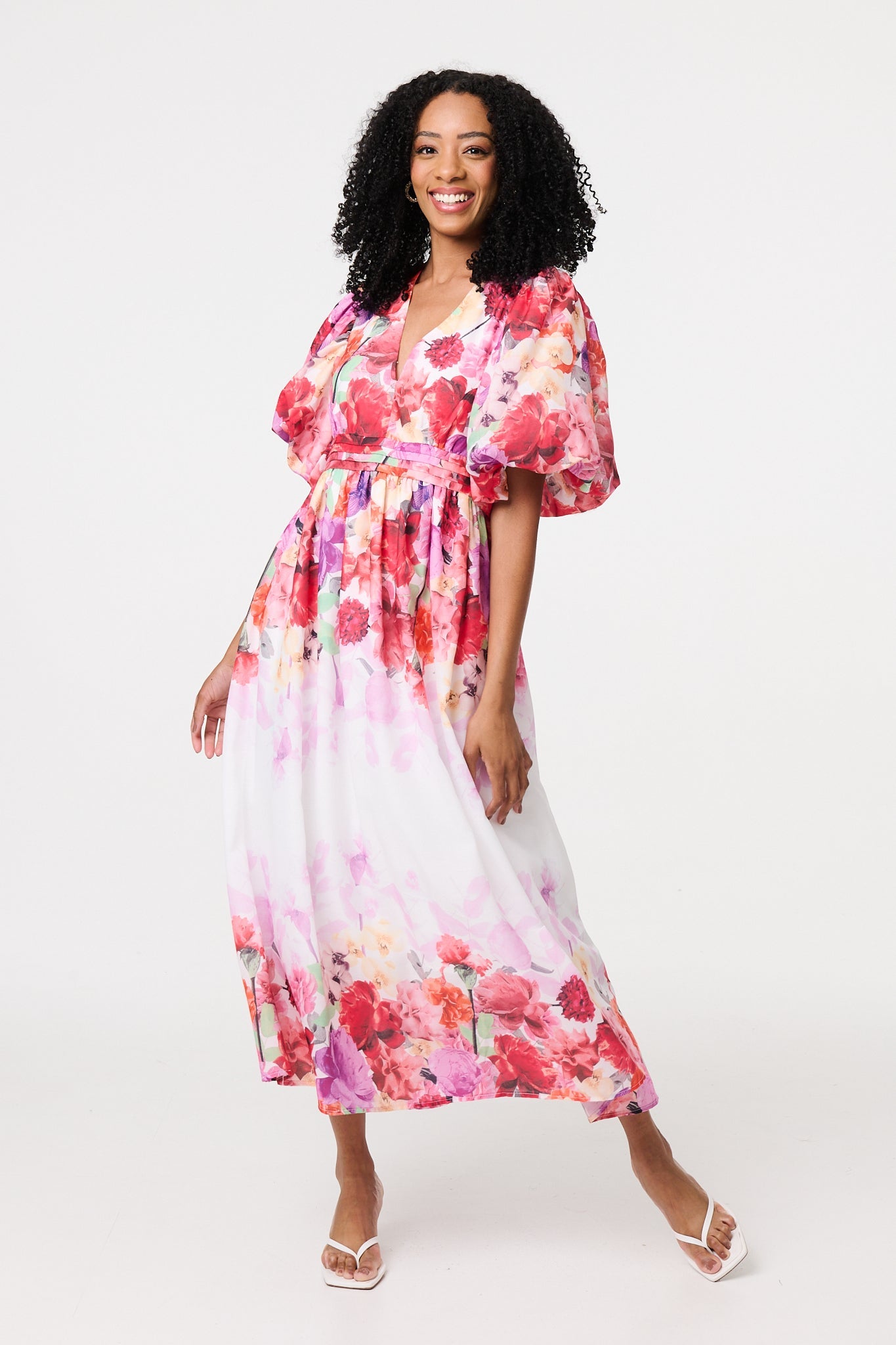 Floral Print 1/2 Angel Sleeve Midi Dress Full Length View