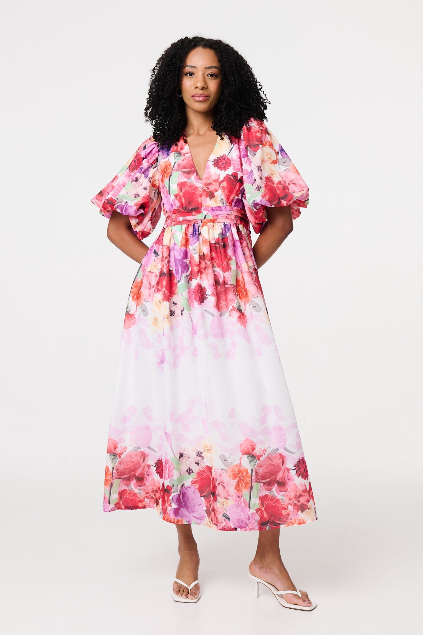 Floral Print 1/2 Angel Sleeve Midi Dress Front View