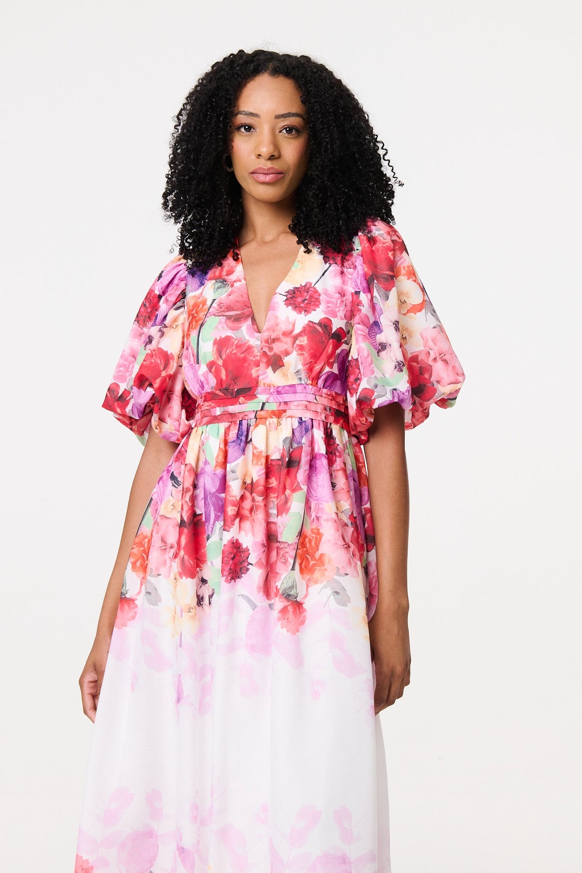 Floral Print 1/2 Angel Sleeve Midi Dress Detail View