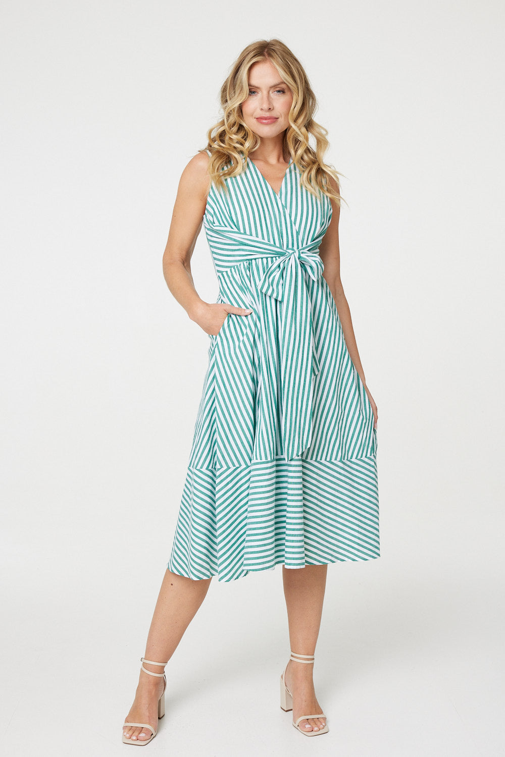 Striped Tie Waist Tiered Midi Dress Back View 2
