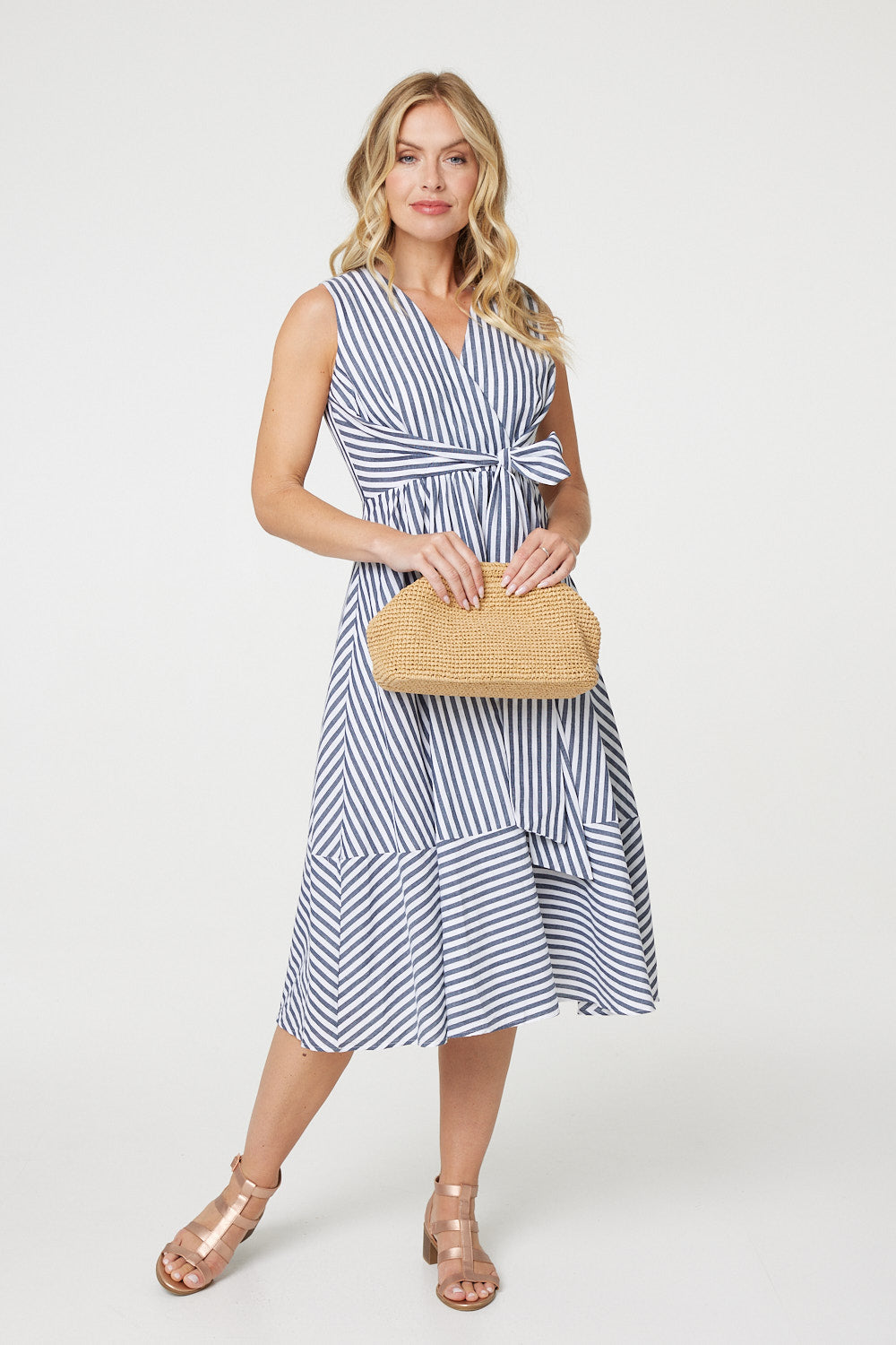 Striped Tie Waist Tiered Midi Dress Front View