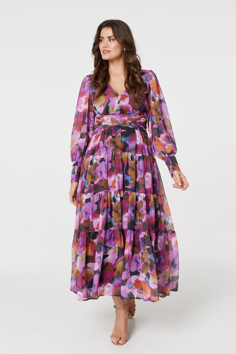 Floral Long Sleeve Ruched Maxi Dress Back View 2