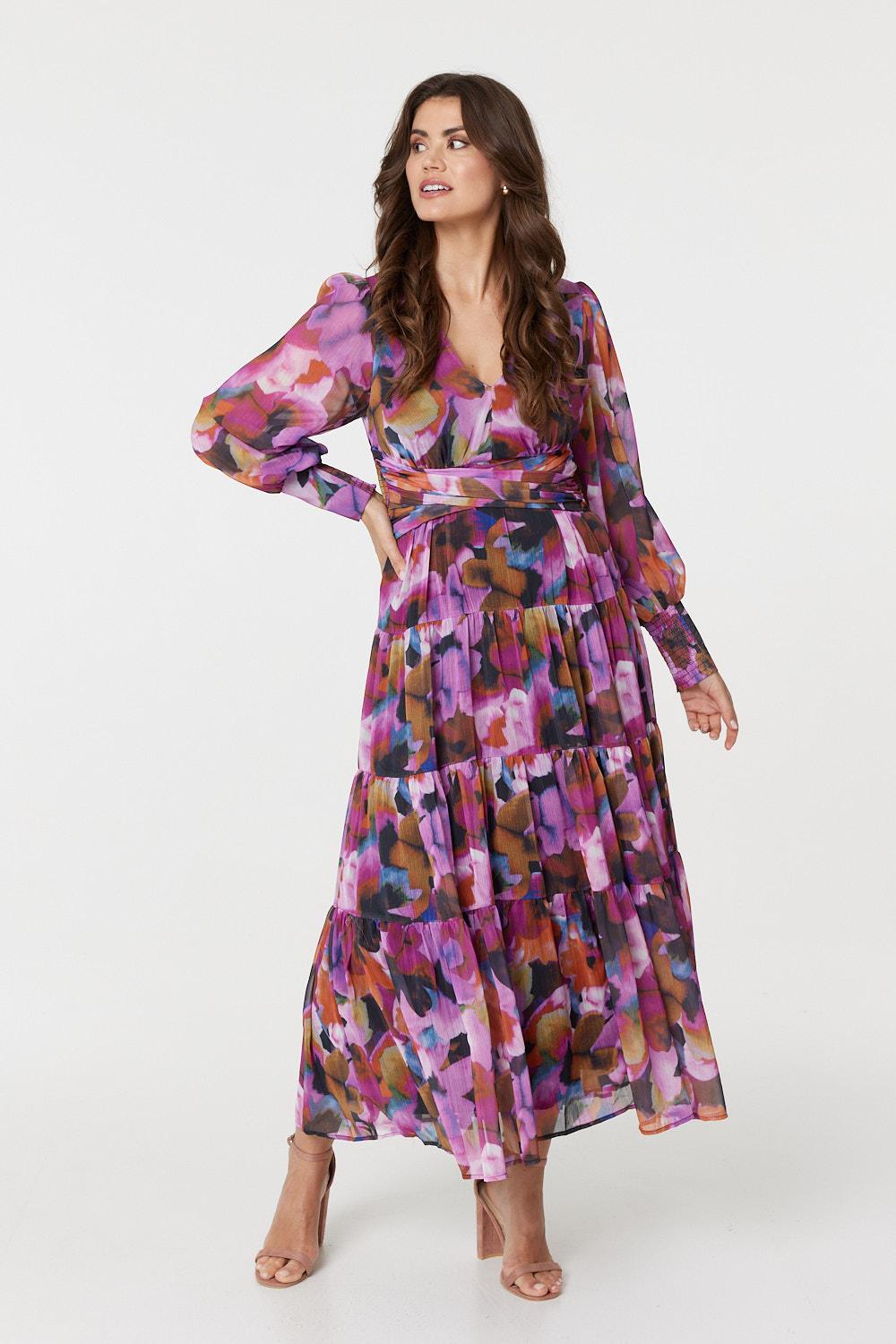 Floral Long Sleeve Ruched Maxi Dress Back View