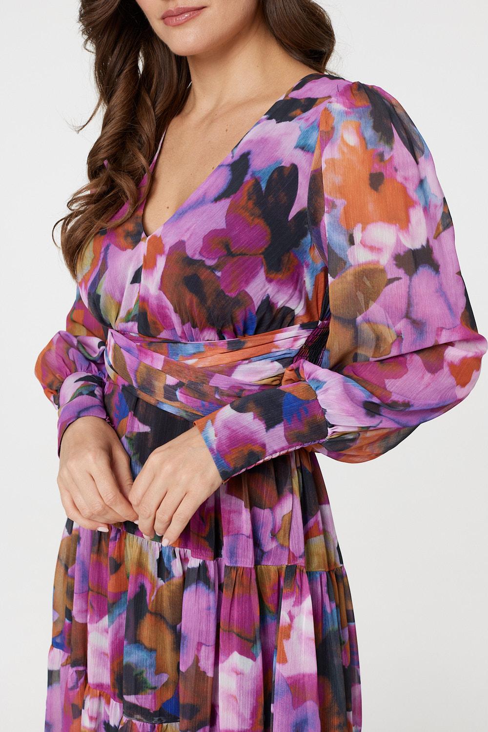 Floral Long Sleeve Ruched Maxi Dress Full Length View