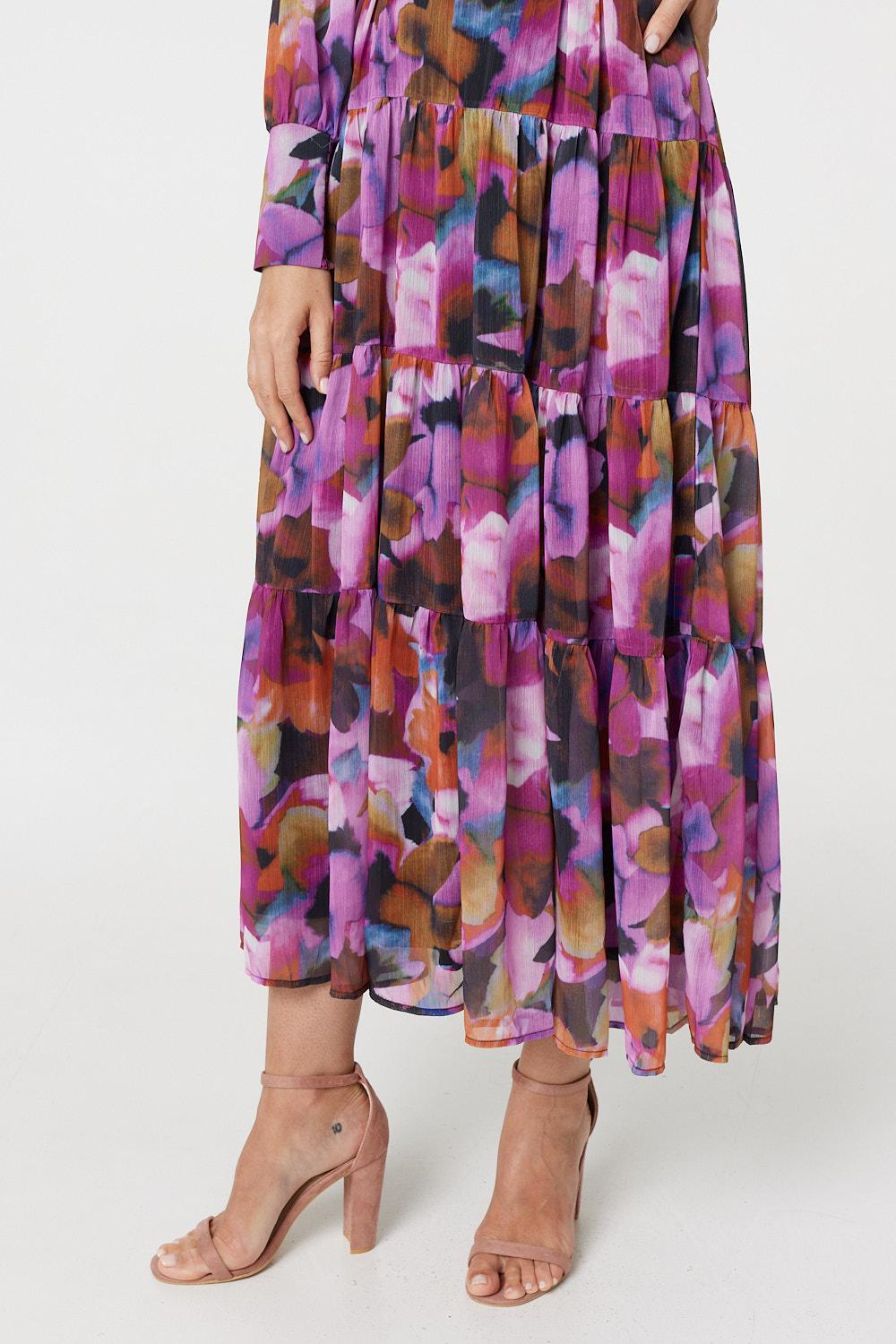 Floral Long Sleeve Ruched Maxi Dress Detail View