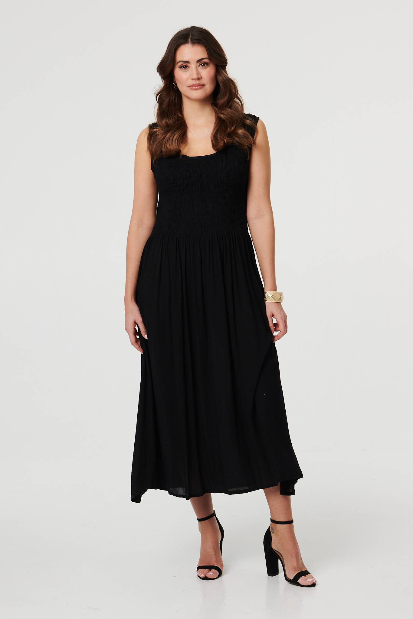 Sleeveless Scoop Neck Shirred Midi Dress Styled View