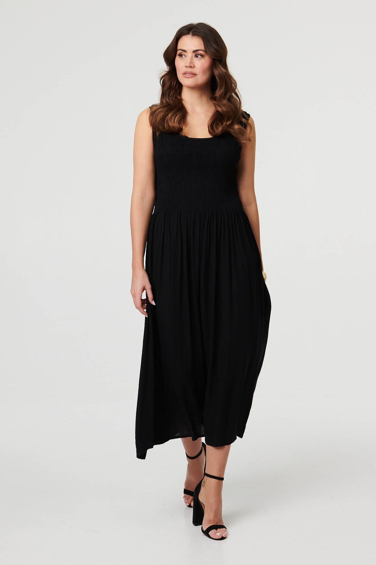 Sleeveless Scoop Neck Shirred Midi Dress Front View