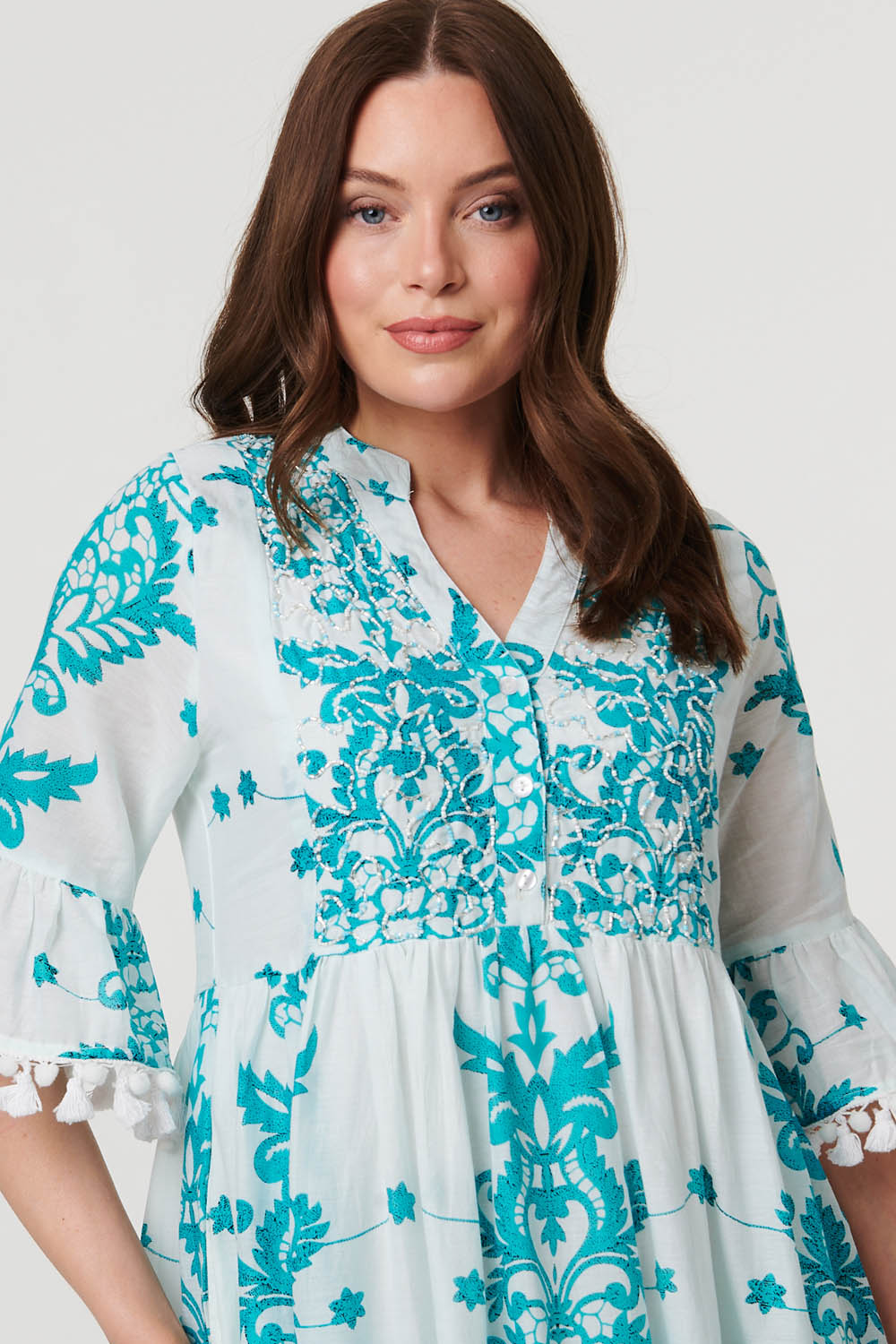 Printed Tassel Sleeve Knee Length Dress Full Length View