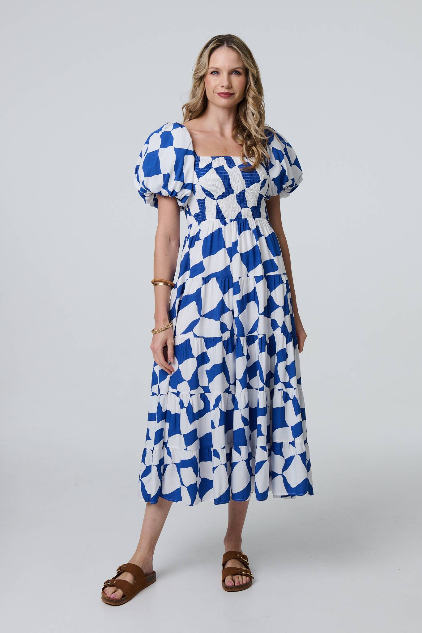 Printed Puff Sleeve Bardot Smock Midi Dress Front View