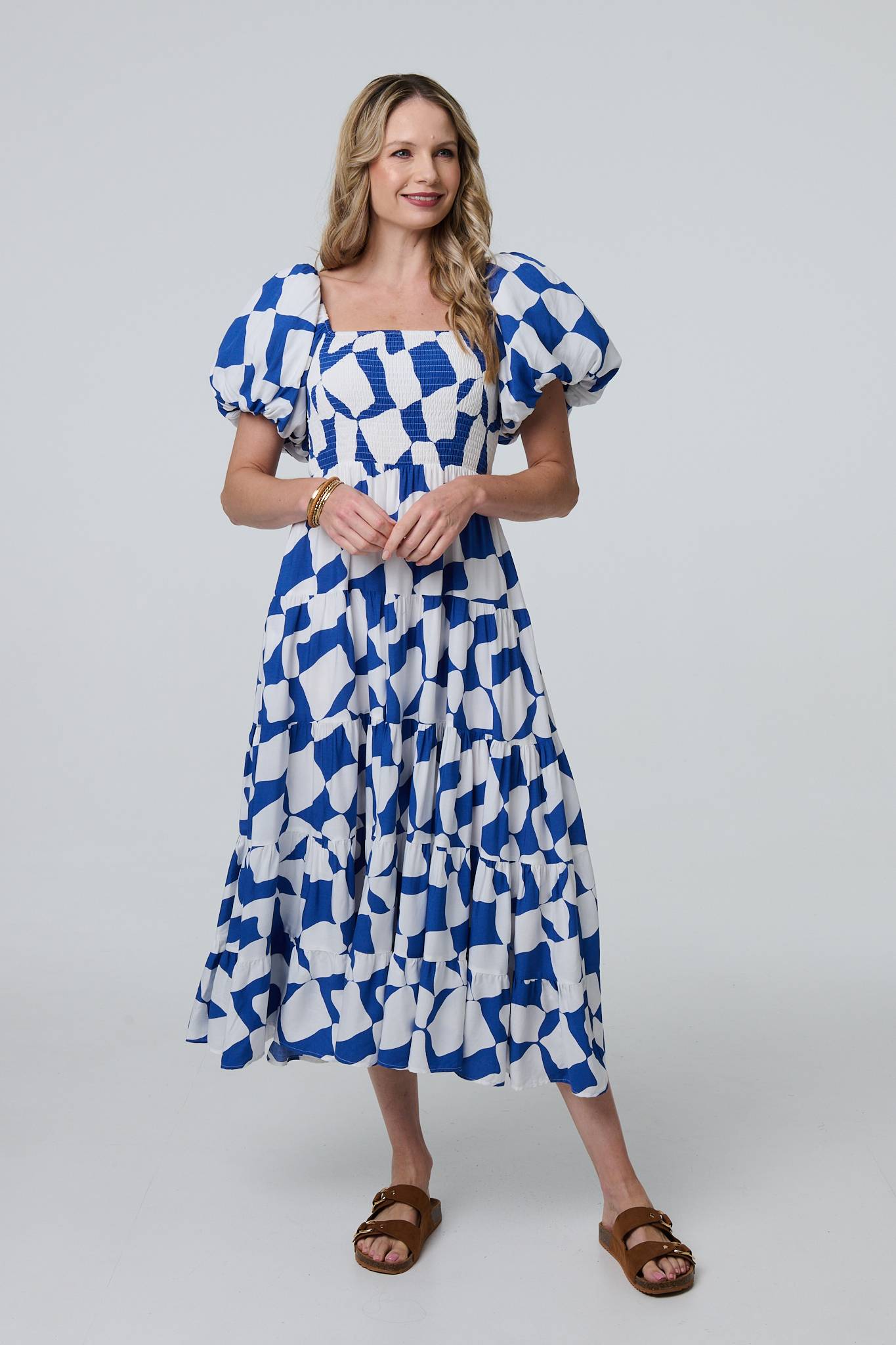 Printed Puff Sleeve Bardot Smock Midi Dress Full Length View