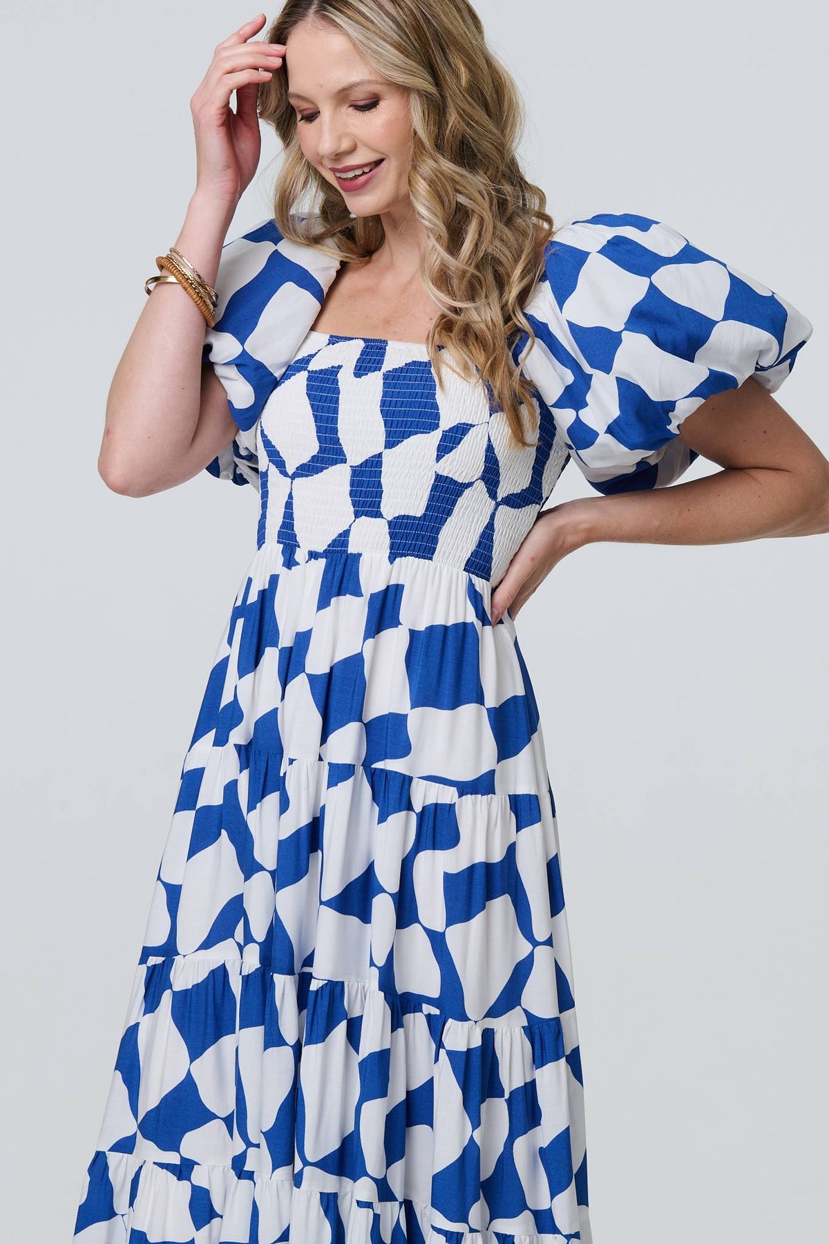 Printed Puff Sleeve Bardot Smock Midi Dress Detail View