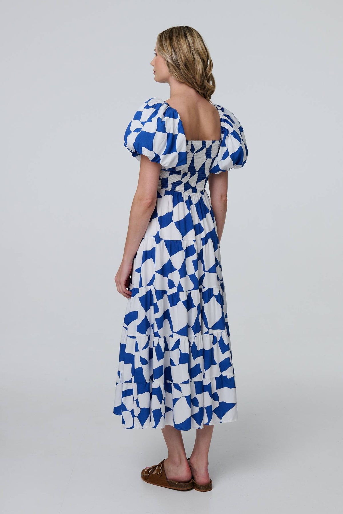 Printed Puff Sleeve Bardot Smock Midi Dress Side View