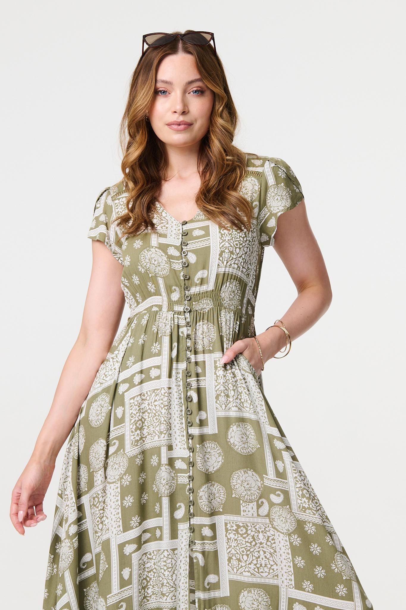 Printed V-Neck Cap Sleeve Maxi Dress Detail View