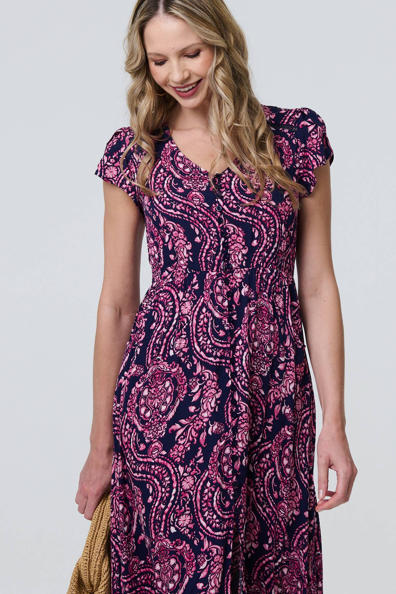 Paisley Cap Sleeve Lace Trim Maxi Dress Styled View