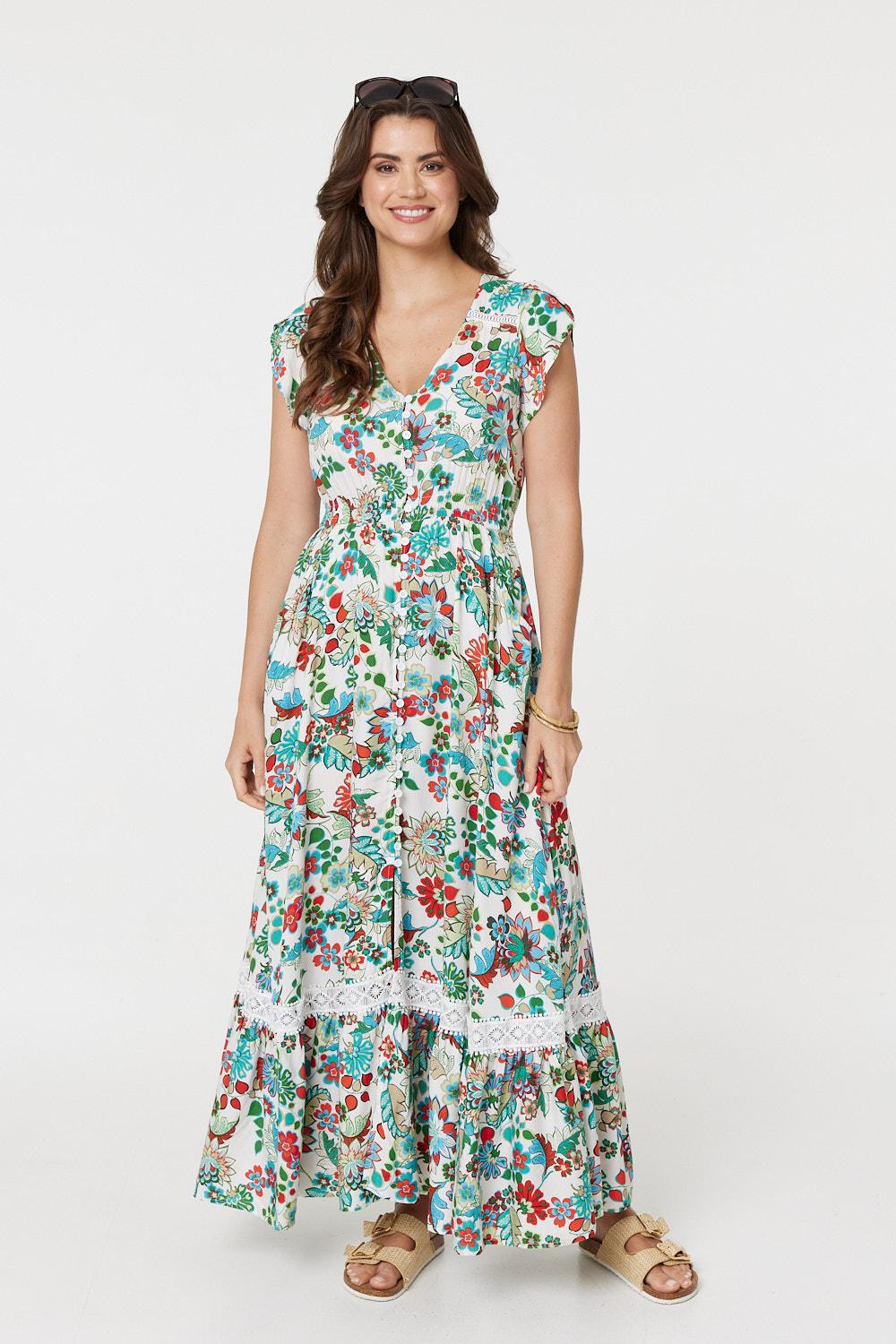 Vintage Boho Print Cap Sleeve Maxi Dress Front View