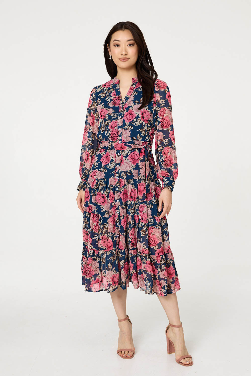 Floral Tie Waist Relaxed Tier Midi Dress Detail View