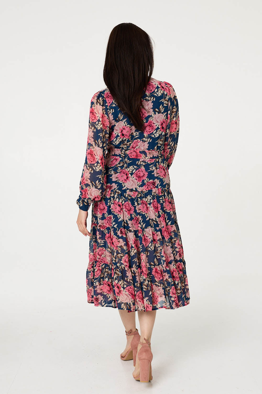 Floral Tie Waist Relaxed Tier Midi Dress Side View