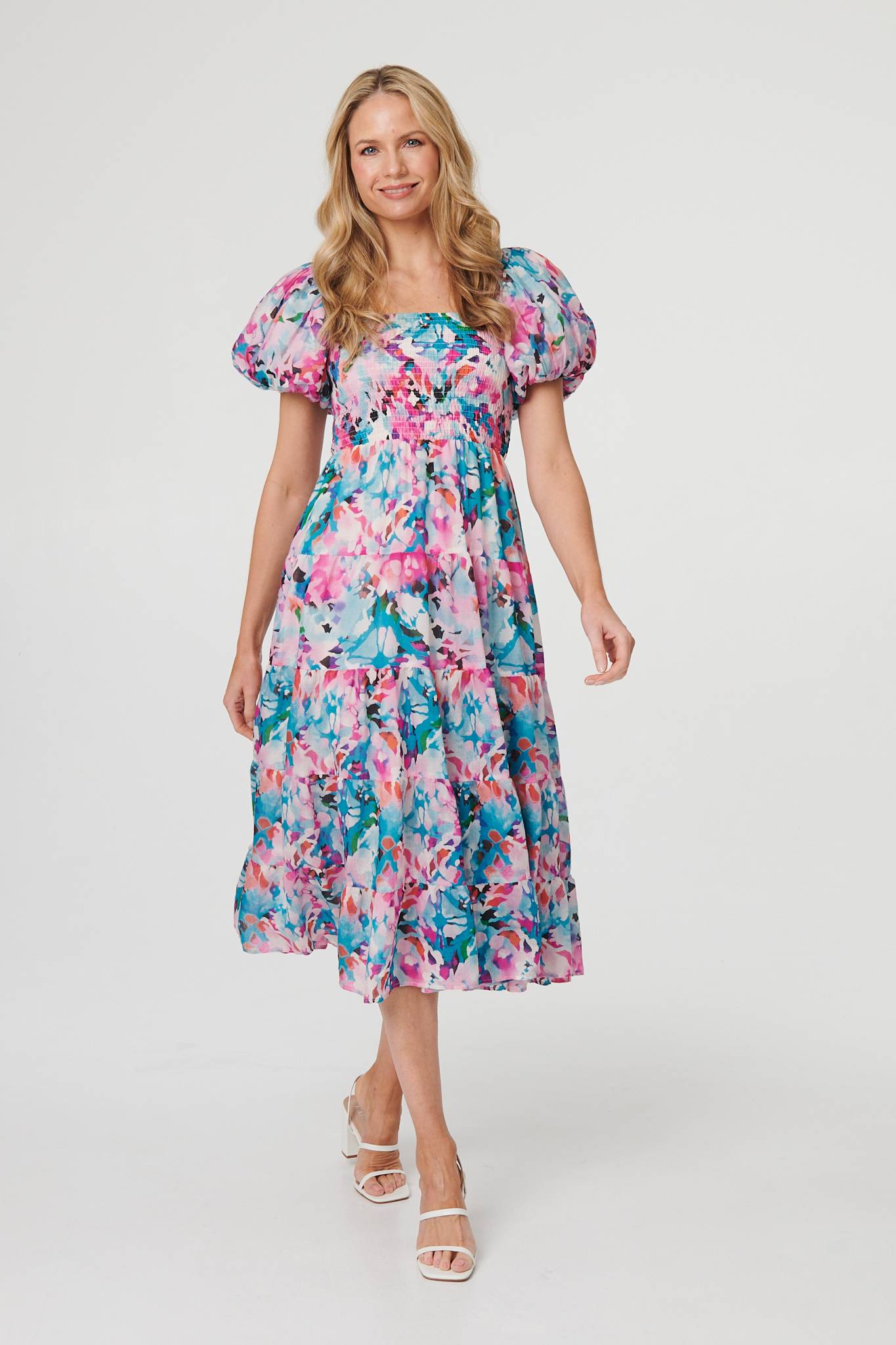 Abstract Puff Sleeve Shirred Midi Dress Front View