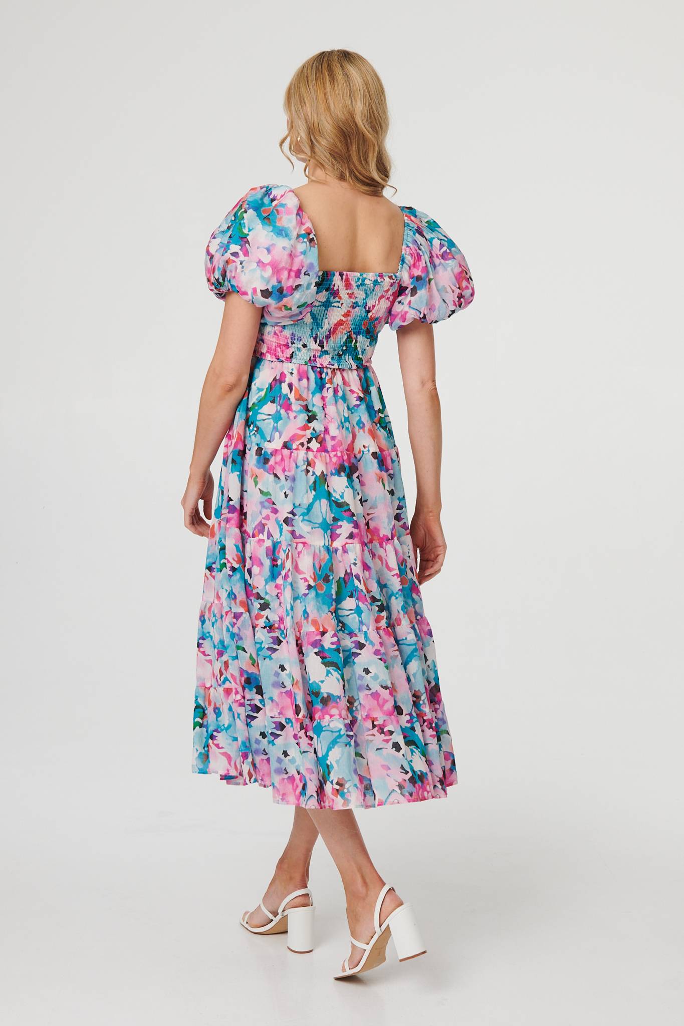 Abstract Puff Sleeve Shirred Midi Dress Side View