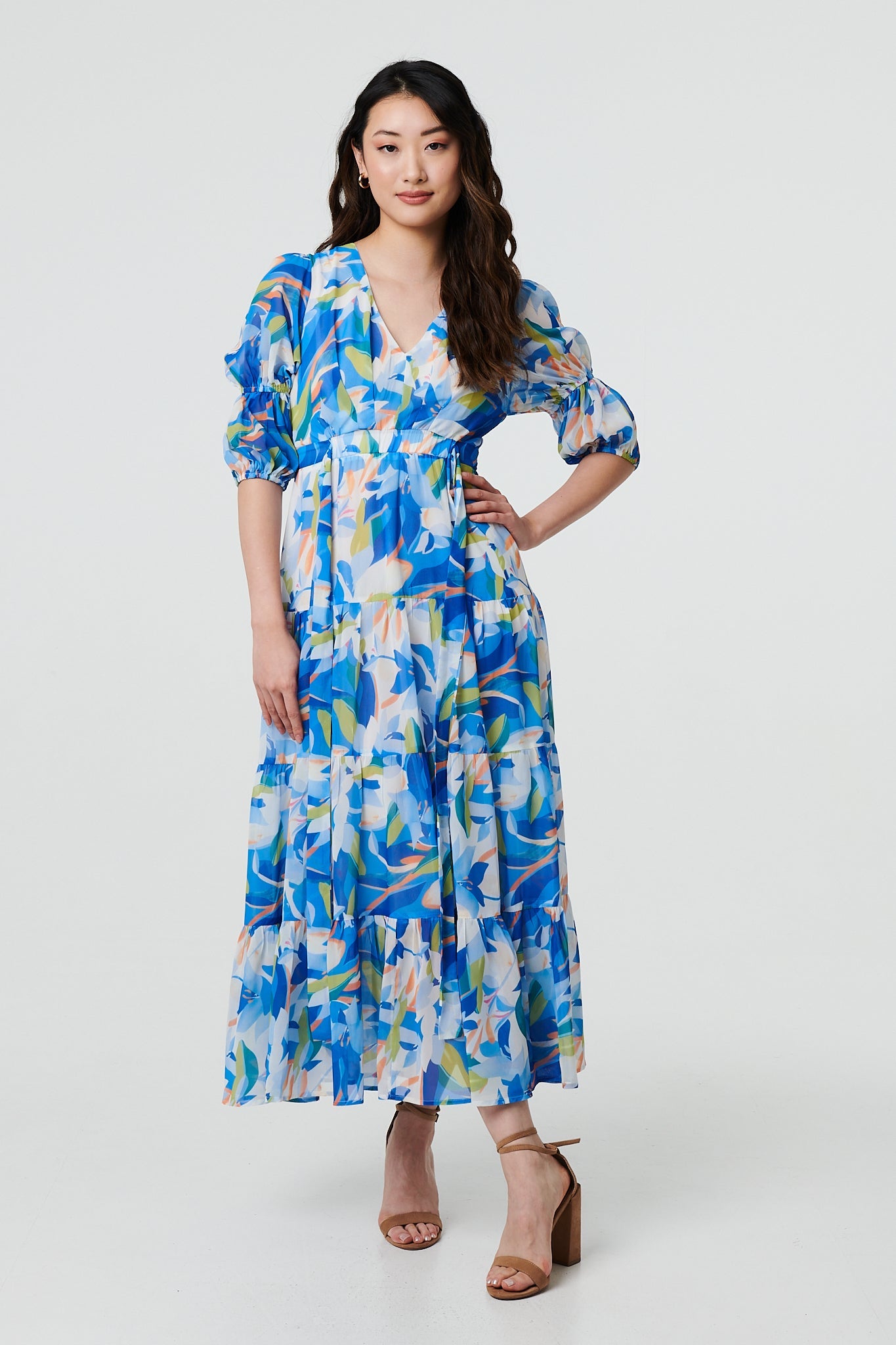 Abstract 3/4 Puff Sleeve Tiered Maxi Dress Front View
