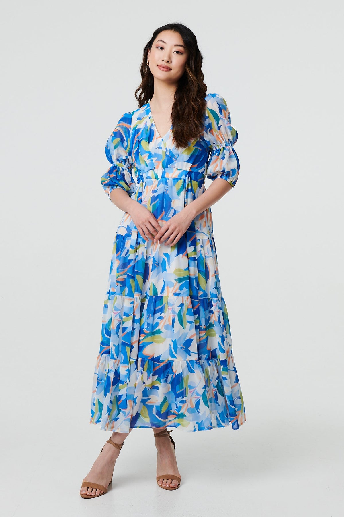 Abstract 3/4 Puff Sleeve Tiered Maxi Dress Styled View