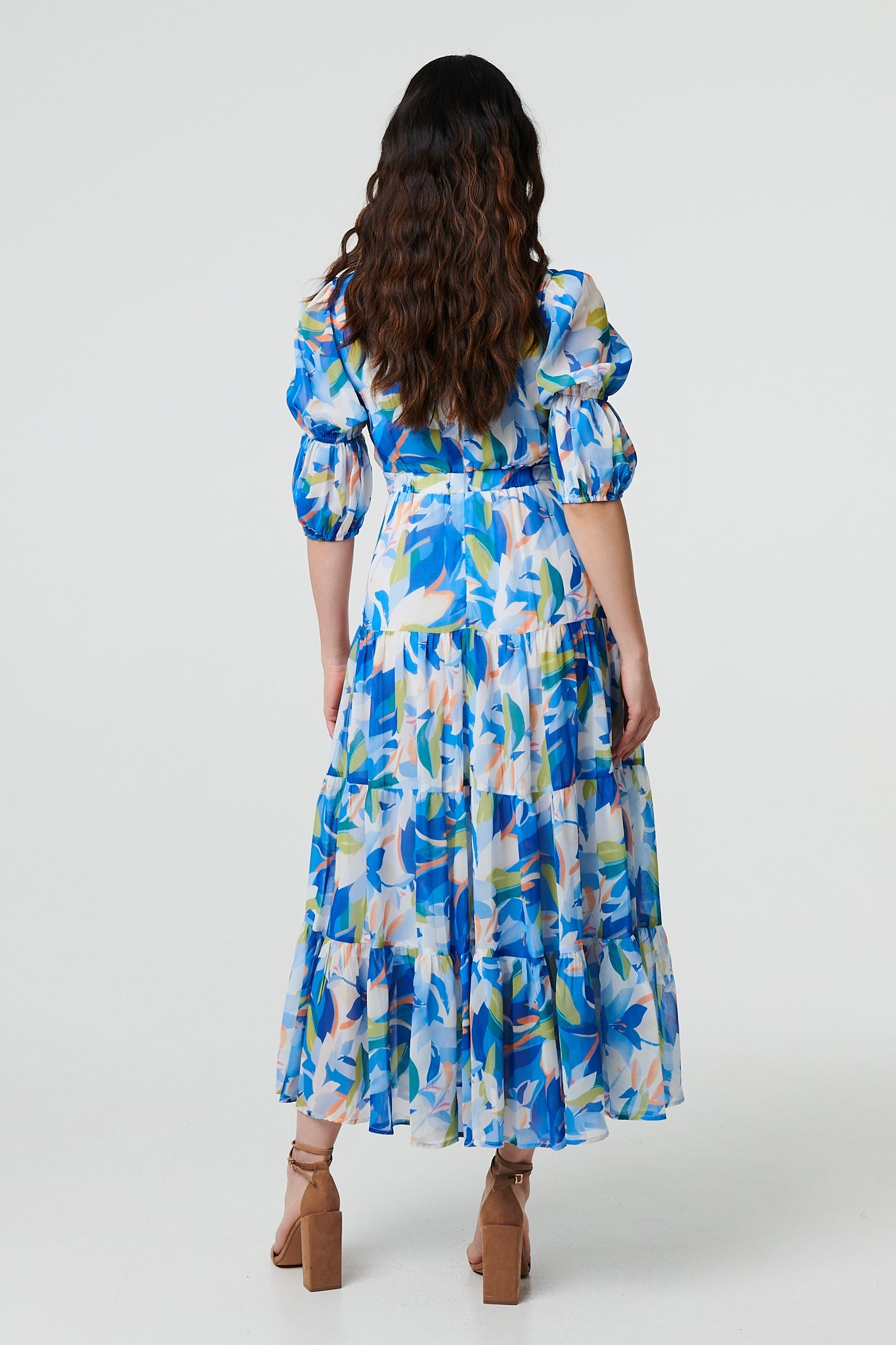 Abstract 3/4 Puff Sleeve Tiered Maxi Dress Side View