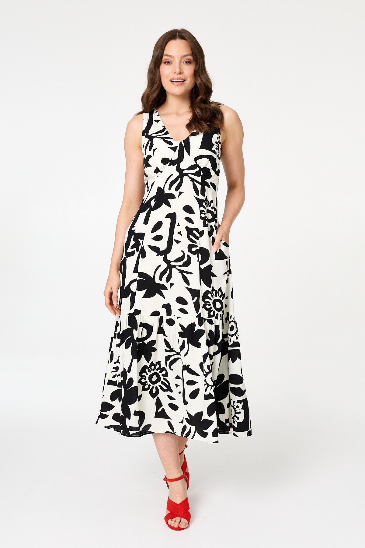 Floral Sleeveless A-Line Midi Dress Front View