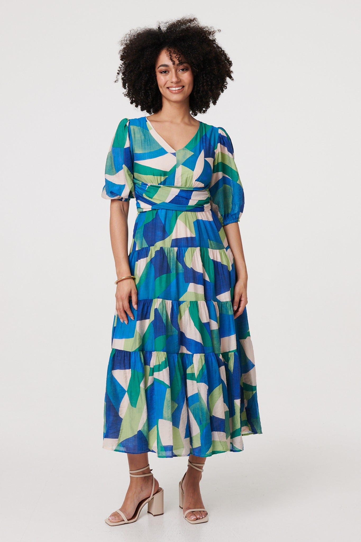Abstract Ruched 1/2 Sleeve Midi Dress Front View