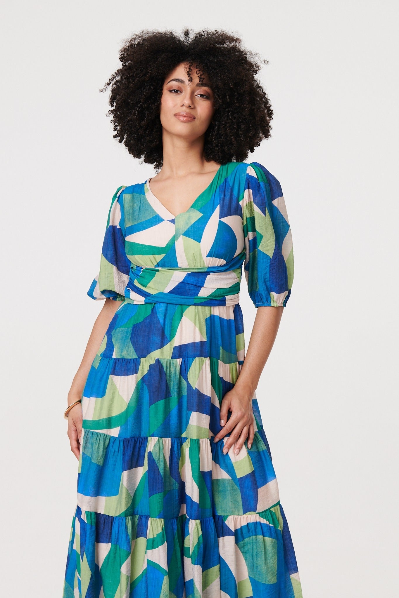 Abstract Ruched 1/2 Sleeve Midi Dress Back View
