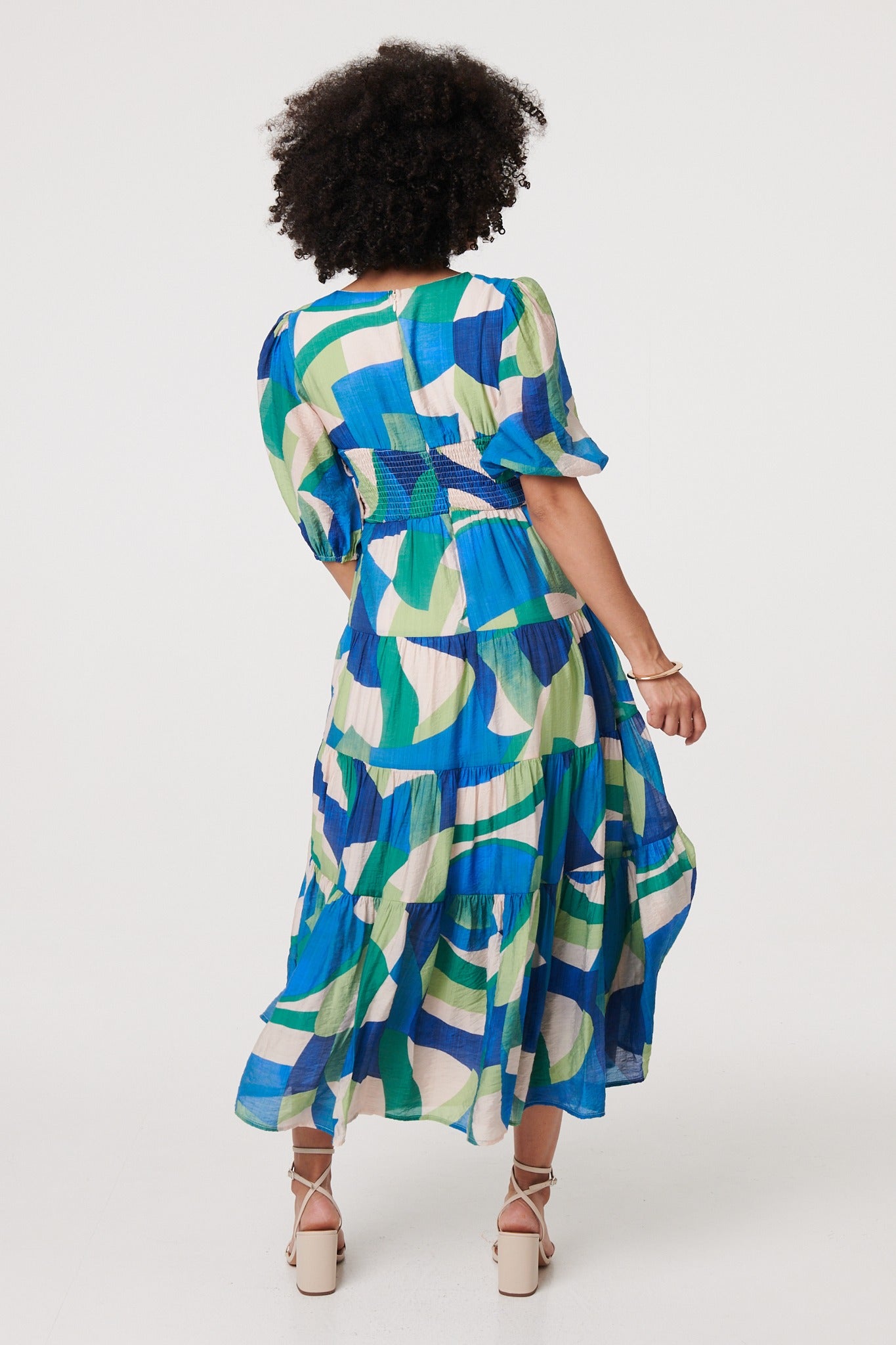 Abstract Ruched 1/2 Sleeve Midi Dress Side View