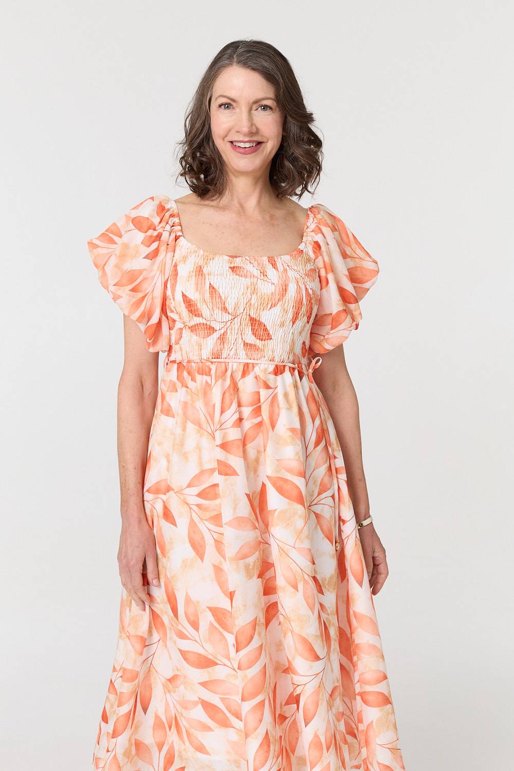 Leaf Print Short Puff Sleeve Midi Dress Full Length View