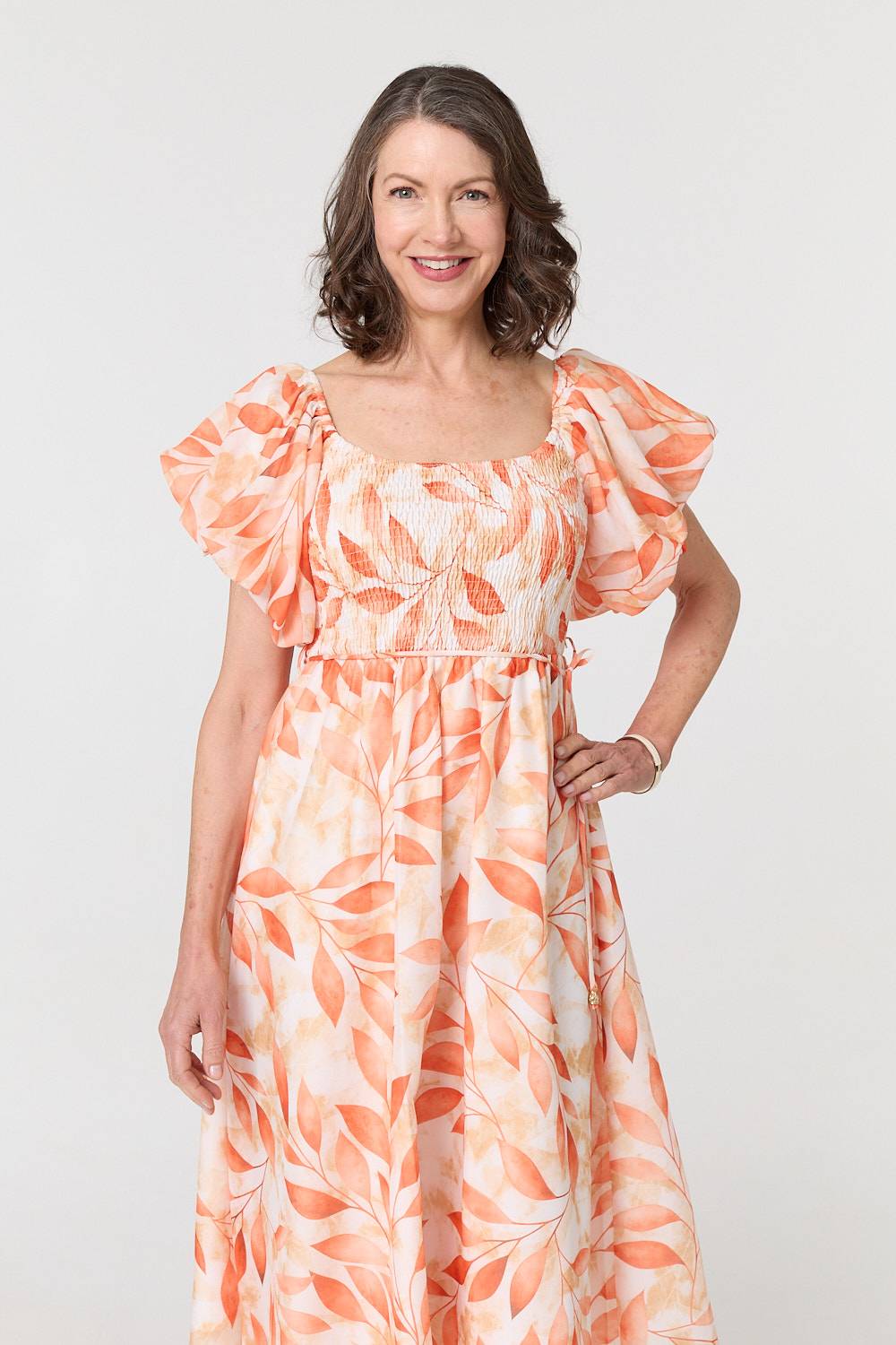 Leaf Print Short Puff Sleeve Midi Dress Front View 2