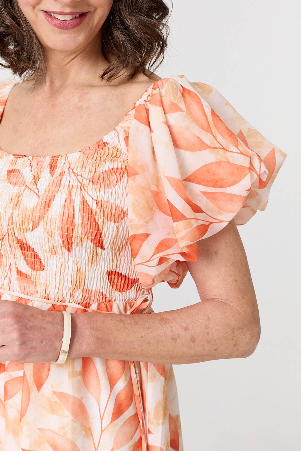 Leaf Print Short Puff Sleeve Midi Dress Back View 2