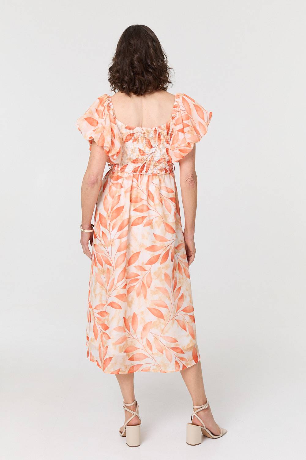 Leaf Print Short Puff Sleeve Midi Dress Styled View