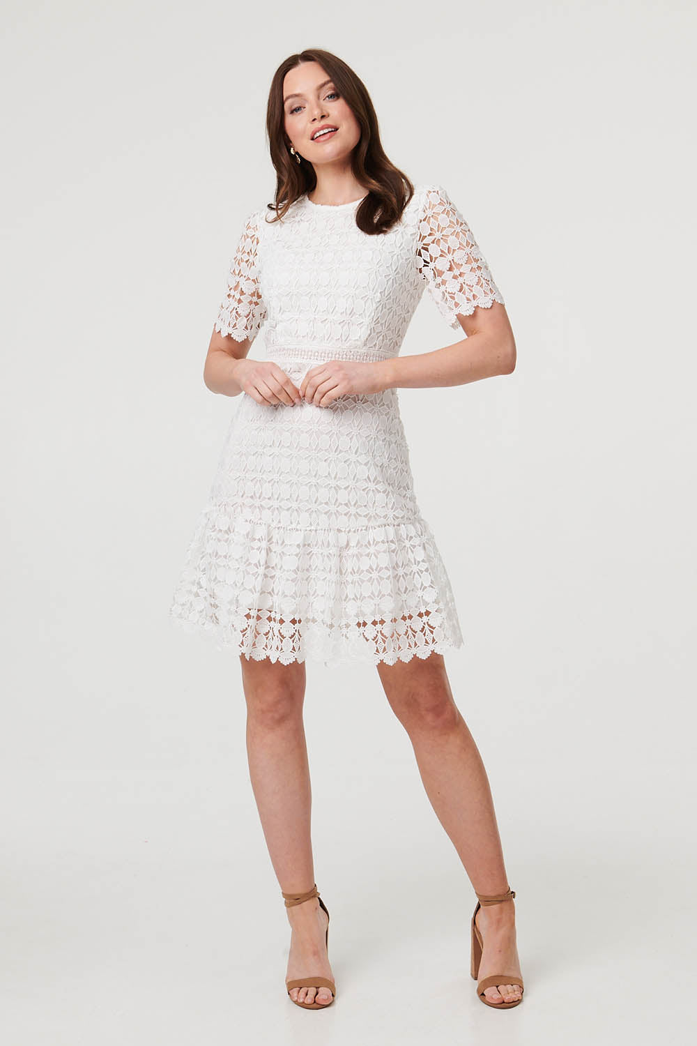 Semi Sheer Lace Layer Fitted Short Dress Front View