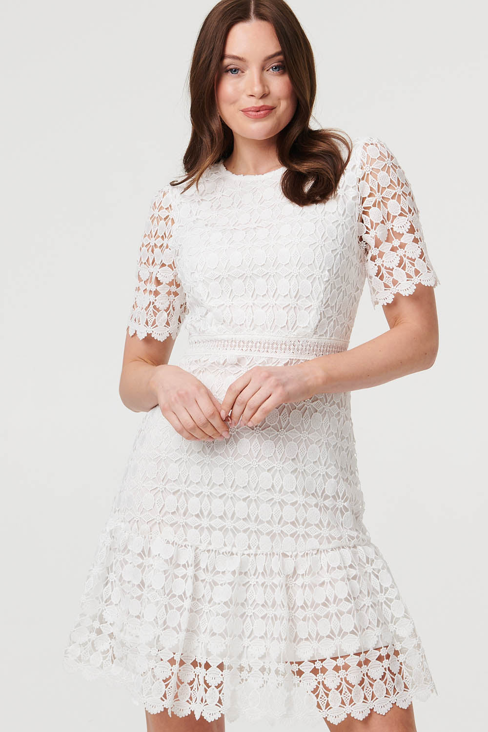 Semi Sheer Lace Layer Fitted Short Dress Full Length View