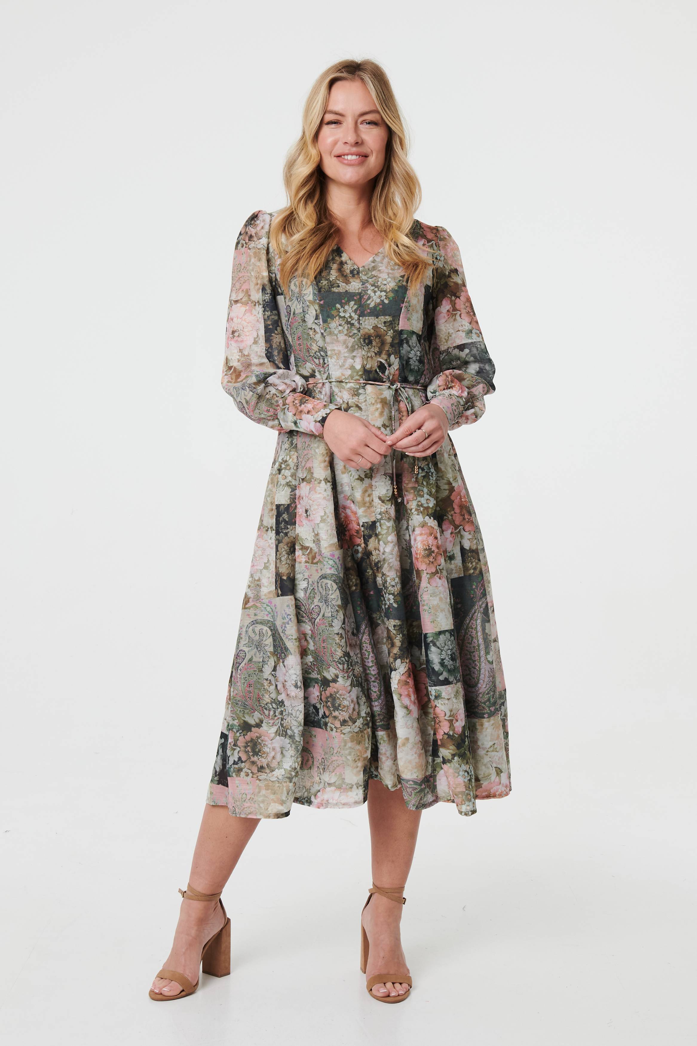 Patchwork Print Tie Waist Midi Dress Front View